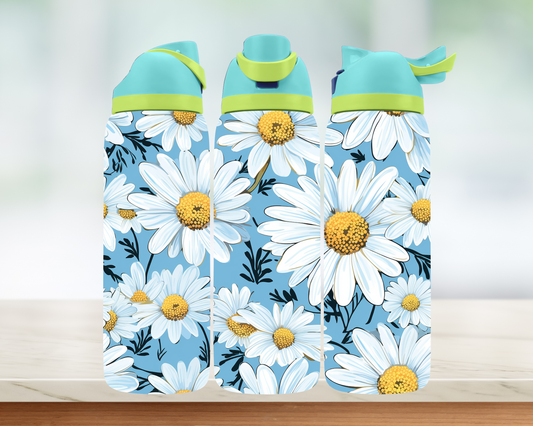 Bouteille style Owala - Fleurs blanches fond bleu