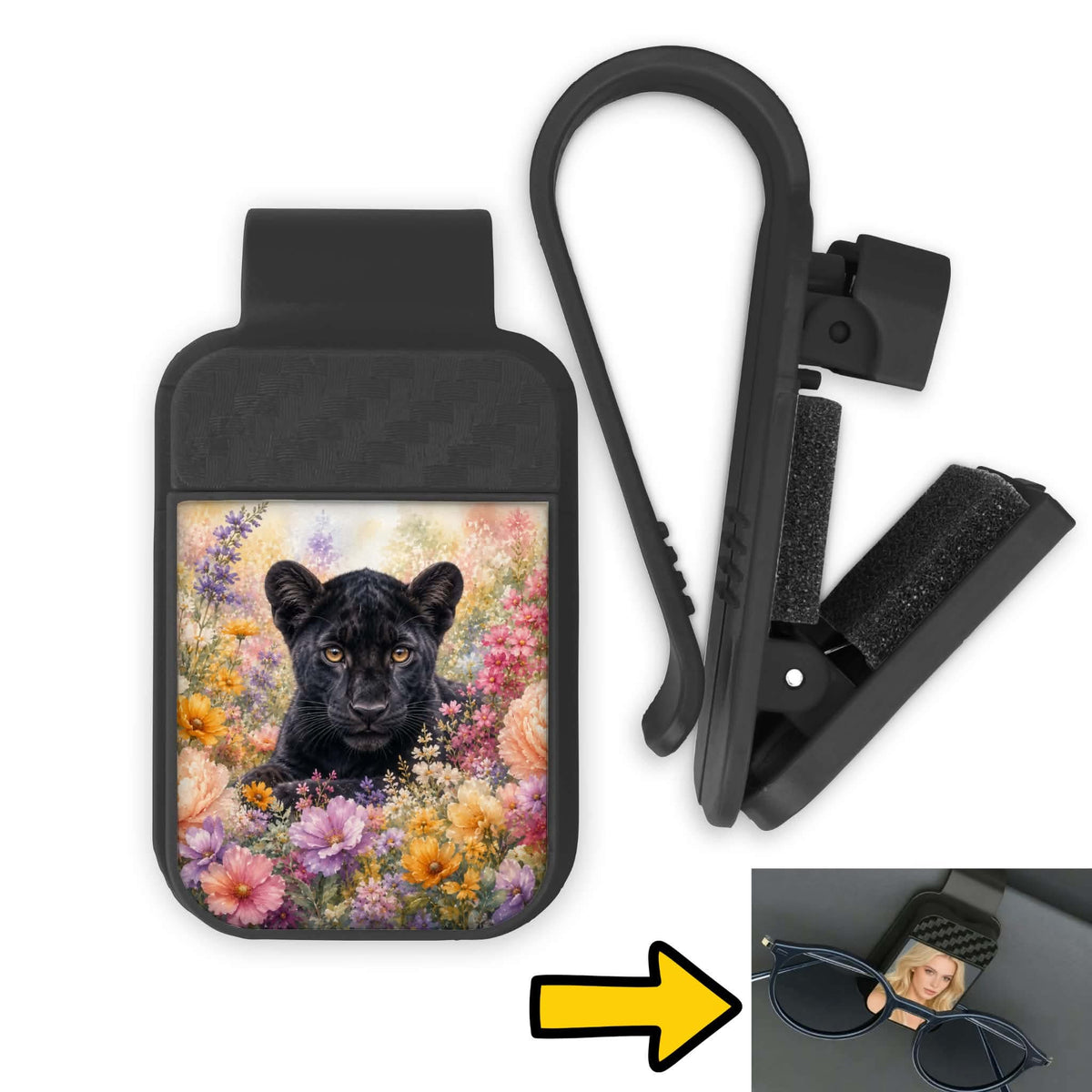 Porte-lunette pour voiture - Panthère noire et fleurs