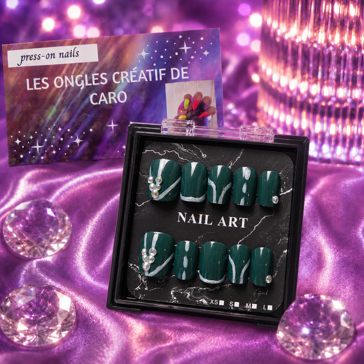 Ensemble de 24 ongles press-on réutilisables - vert&brillant