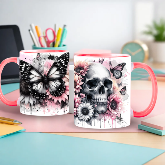 Tasse rose - Crâne, papillon, fleurs