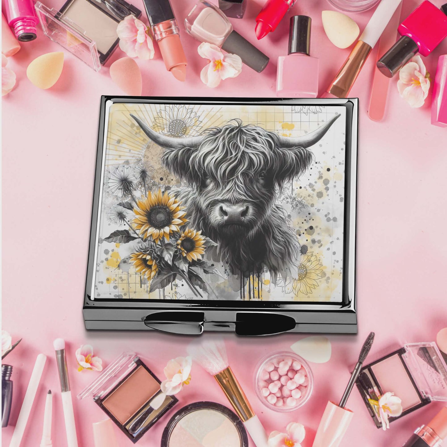 Miroir de poche -Vache highland et tournesol