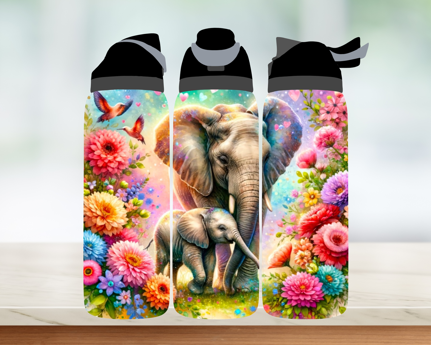 Bouteille style Owala - Éléphant fleurs