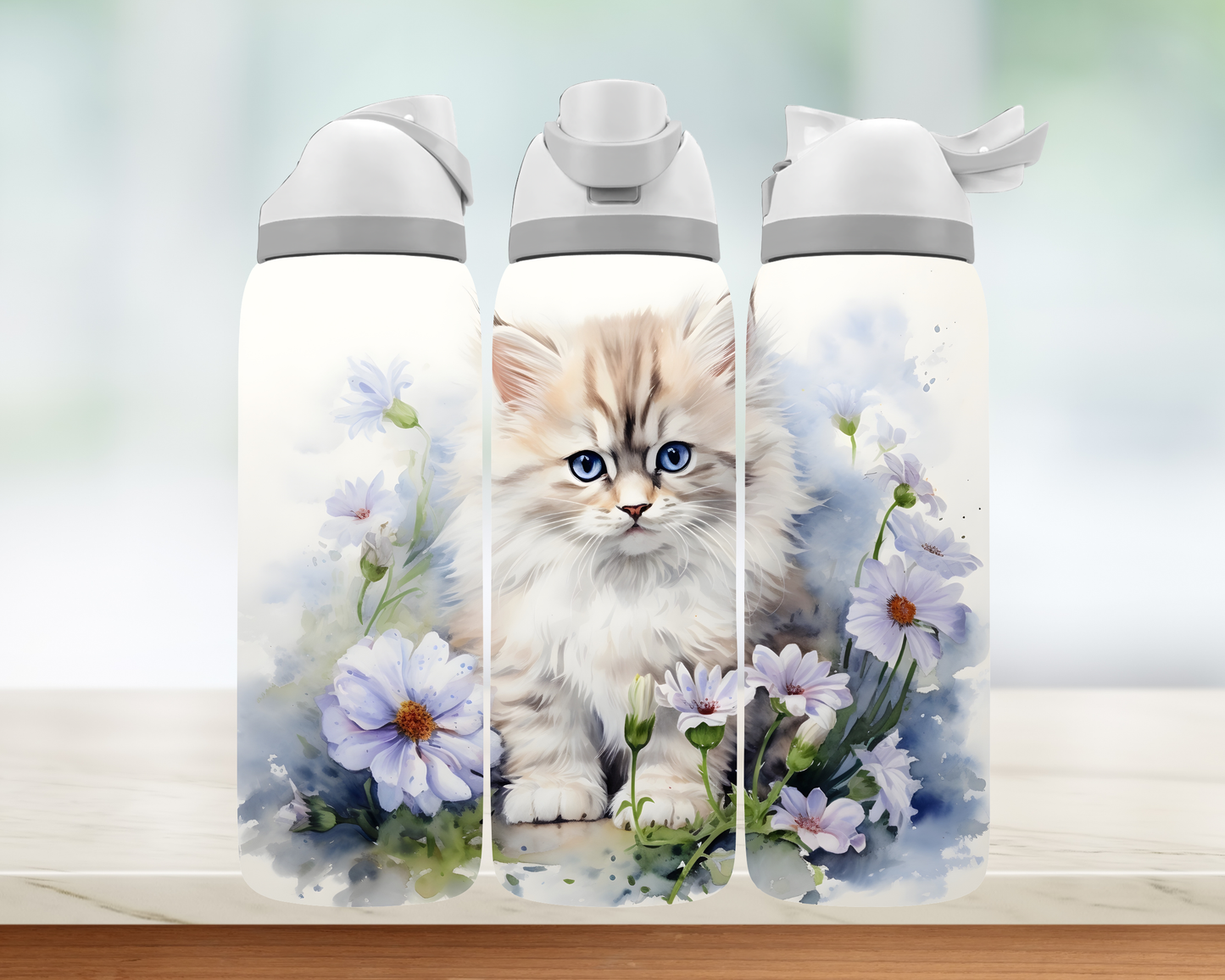 Bouteille style Owala - Chat Fleurs Mauves
