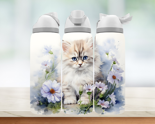 Bouteille style Owala - Chat Fleurs Mauves