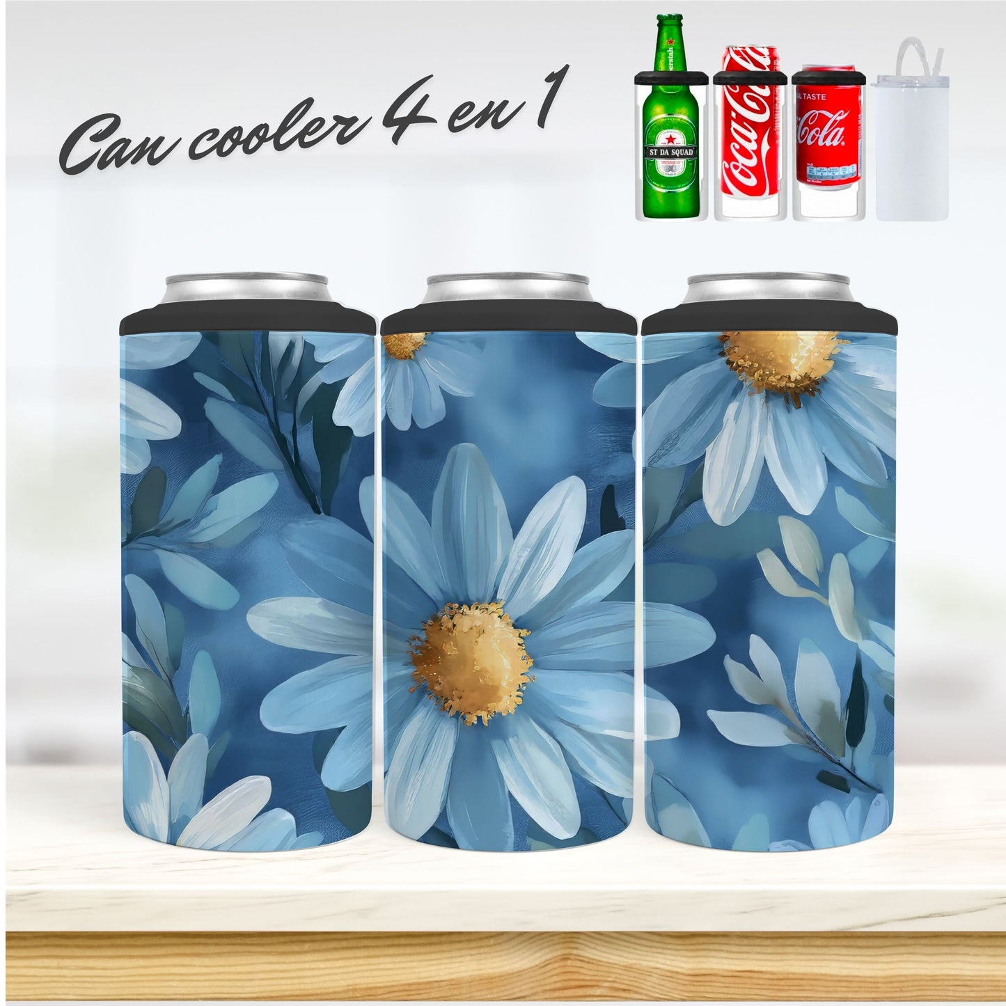 CAN COOLER 4 en 1 - Fleurs bleu