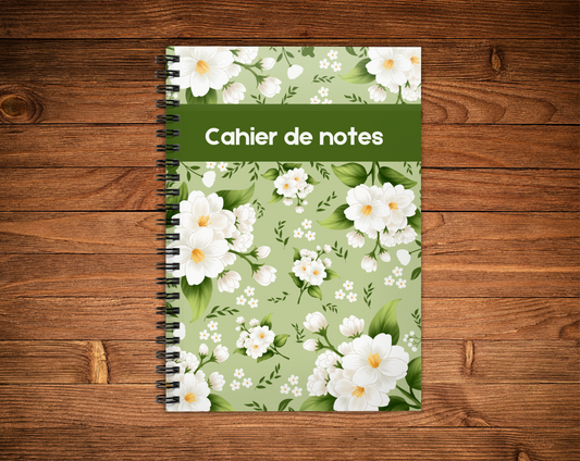 Cahier de notes - Fond vert , fleur blanche