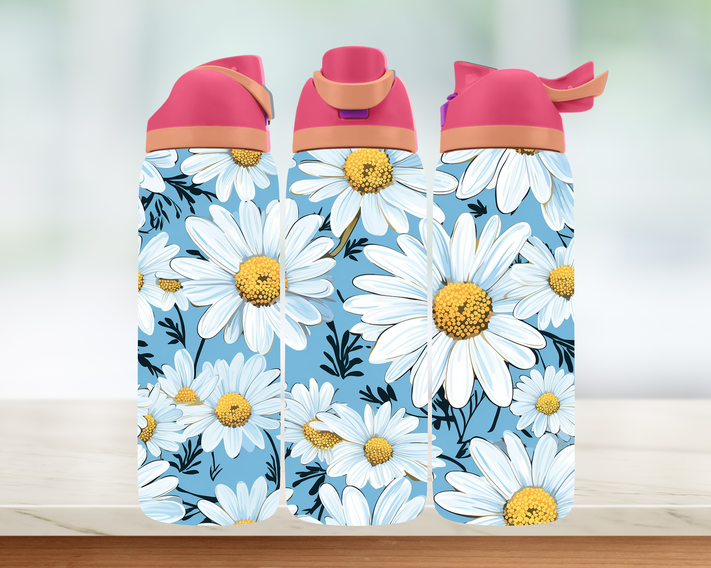 Bouteille style Owala - Fleurs blanches fond bleu