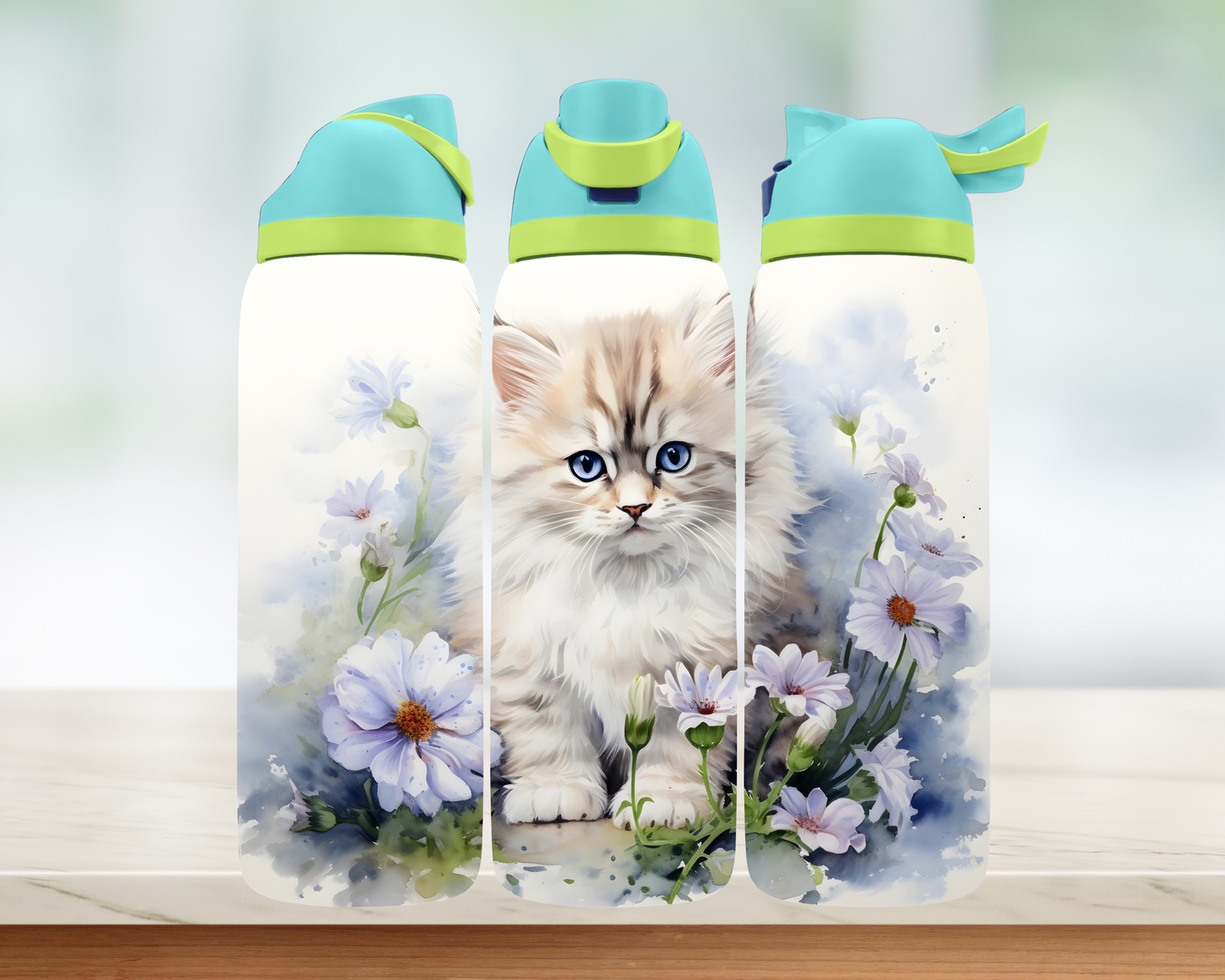 Bouteille style Owala - Chat Fleurs Mauves
