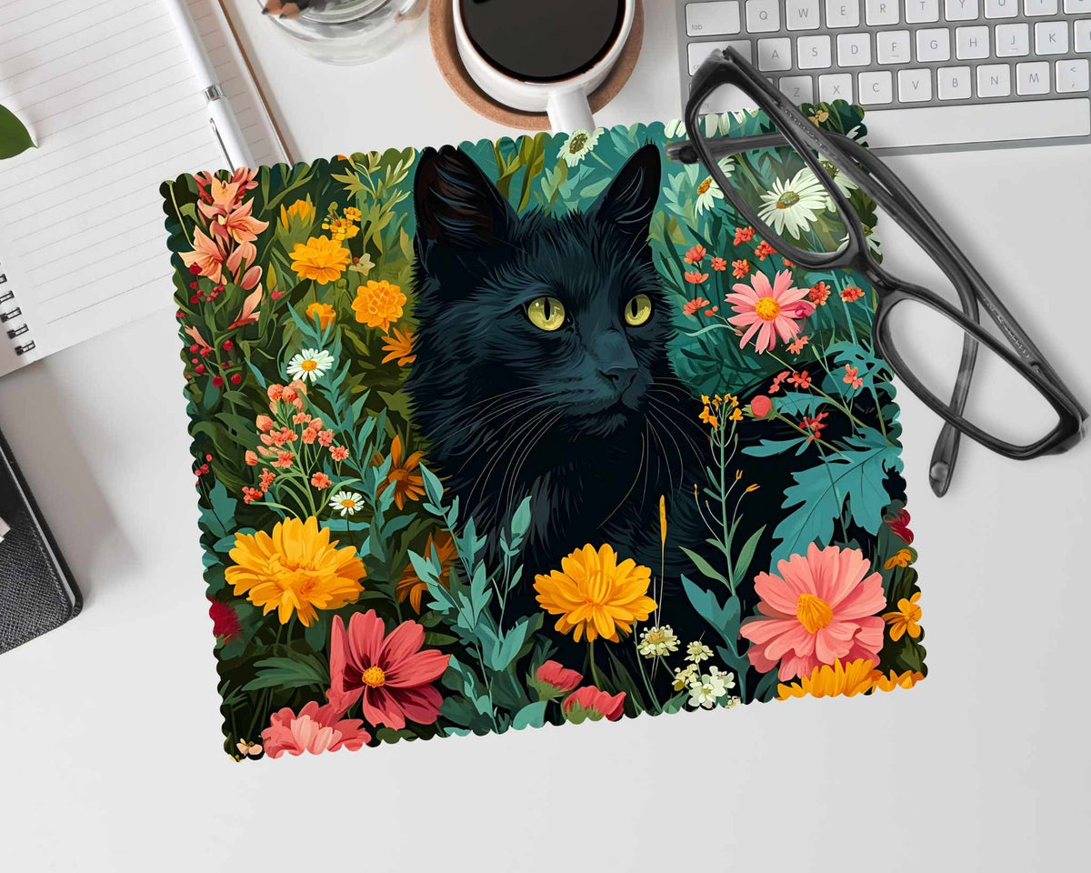 Linge à lunette - Chat noir fleuri