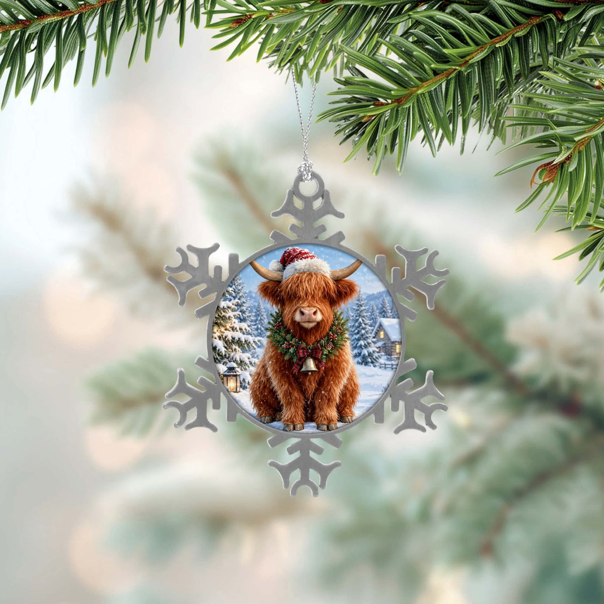 ❄️ Boule de Noël flocon – Vache Highland tuque
