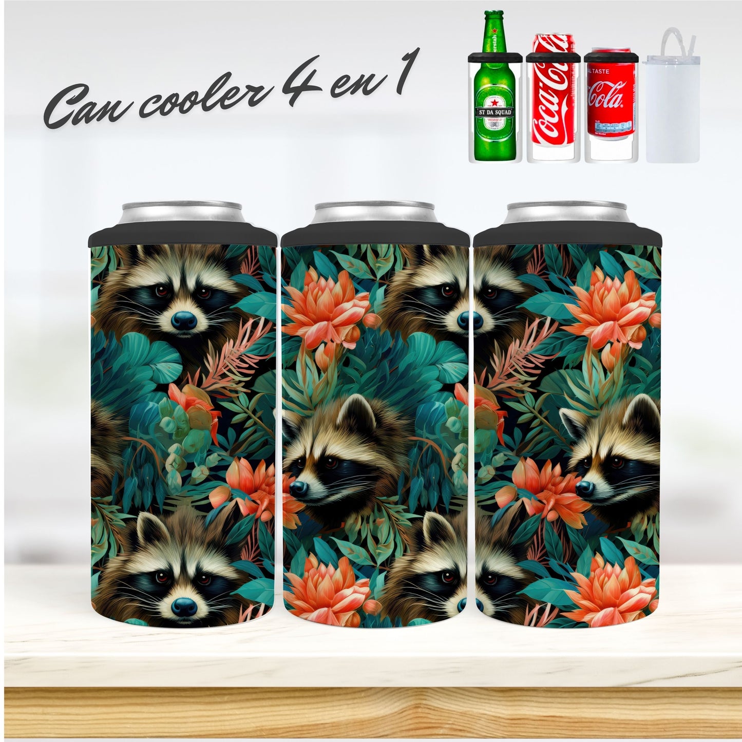 CAN COOLER 4 en 1 - Raton Laveur & Fleurs