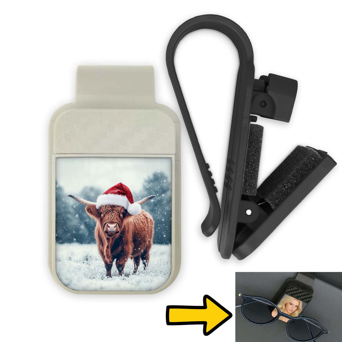 Porte-lunette pour voiture - Vache Highland et tuque de Noël