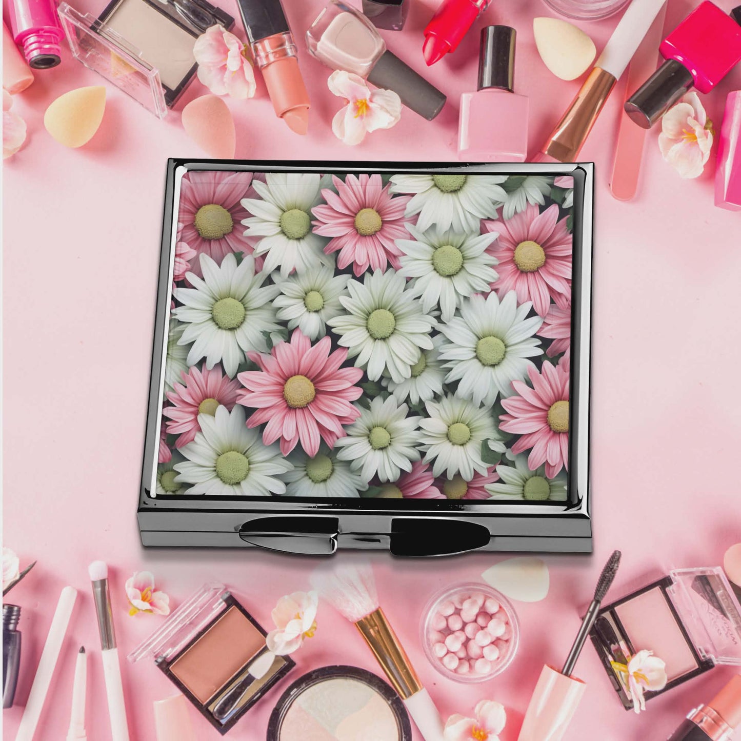 Miroir de poche - Marguerite rose et blanche