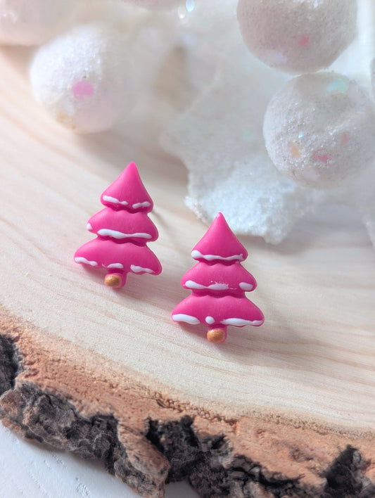 Sapins roses - Boucles d'oreilles studs argile polymère et acier inoxydable hypoallergène
