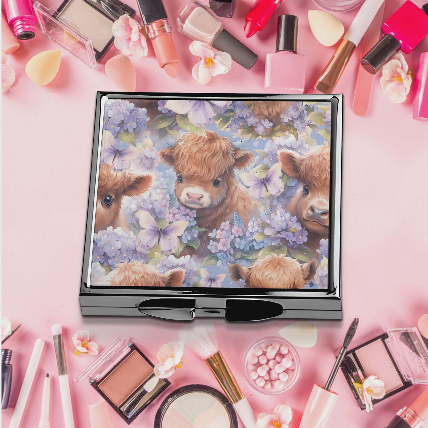 Miroir de poche - Vache fleur mauve