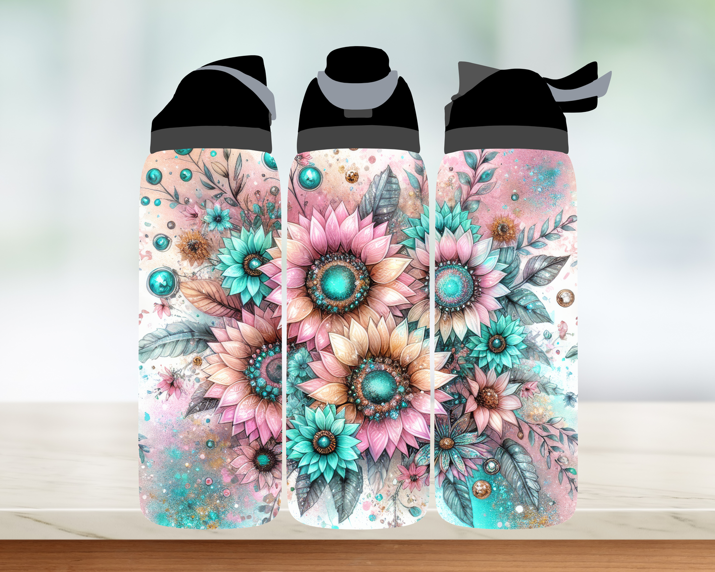 Bouteille style Owala - Fleurs roses et bleu