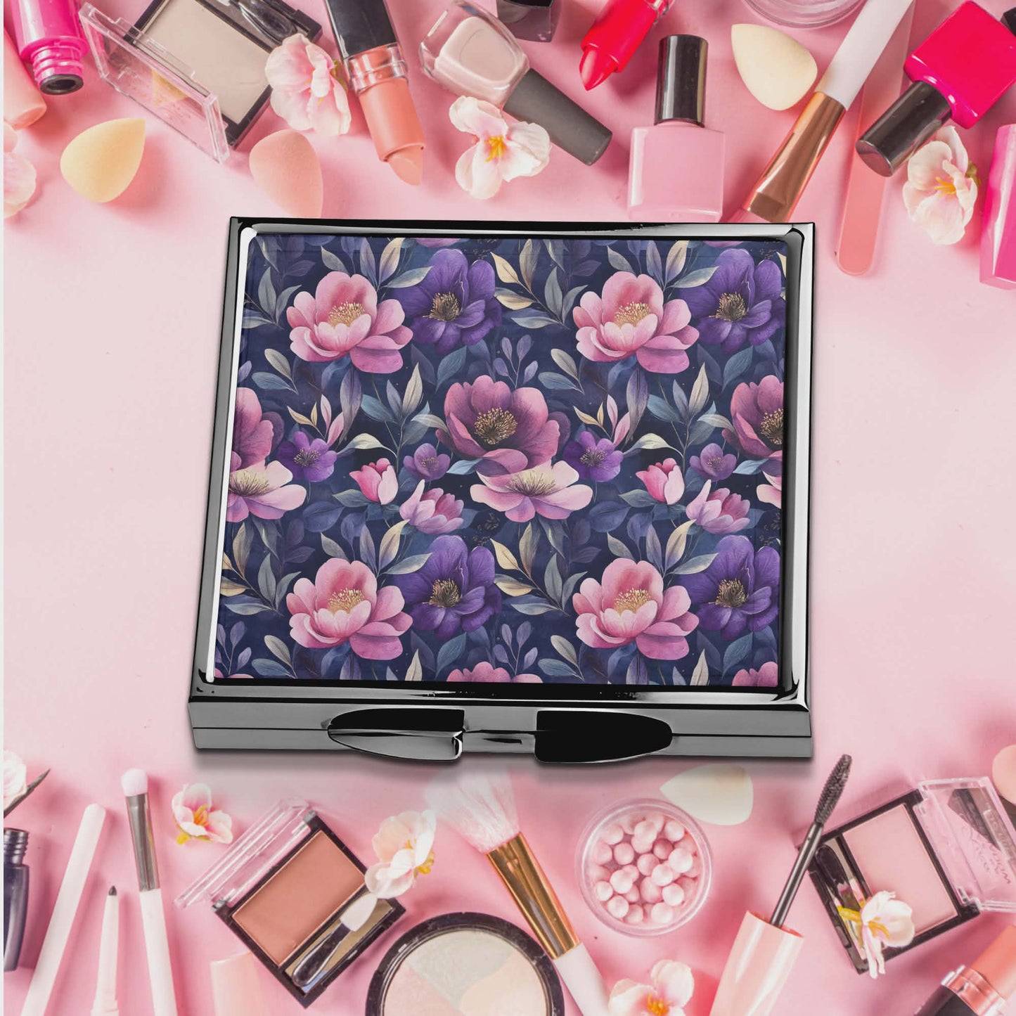 Miroir de poche - Belles fleurs mauves et roses