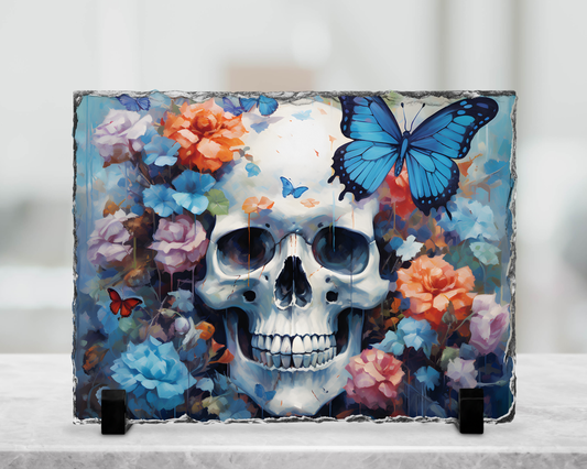 Plaque en ardoise sublimé - Crâne & Fleurs