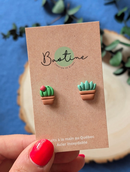 Cactus - Boucles d'oreilles studs en argile polymère acier inoxydable hypoallergène