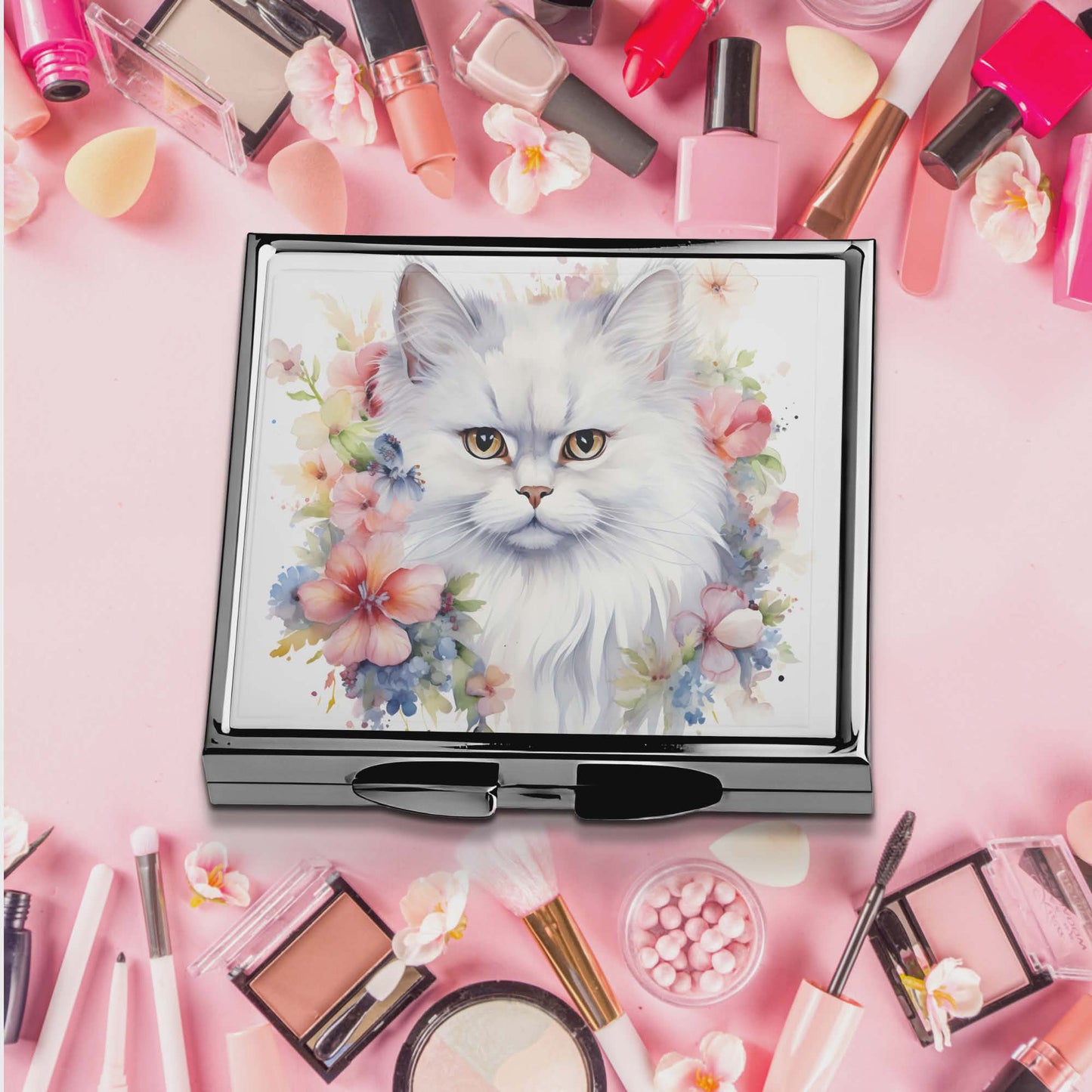 Miroir de poche - Chat blanc et fleur