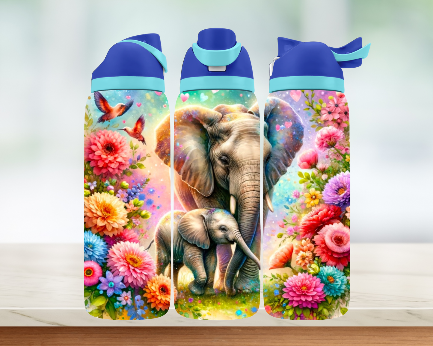 Bouteille style Owala - Éléphant fleurs